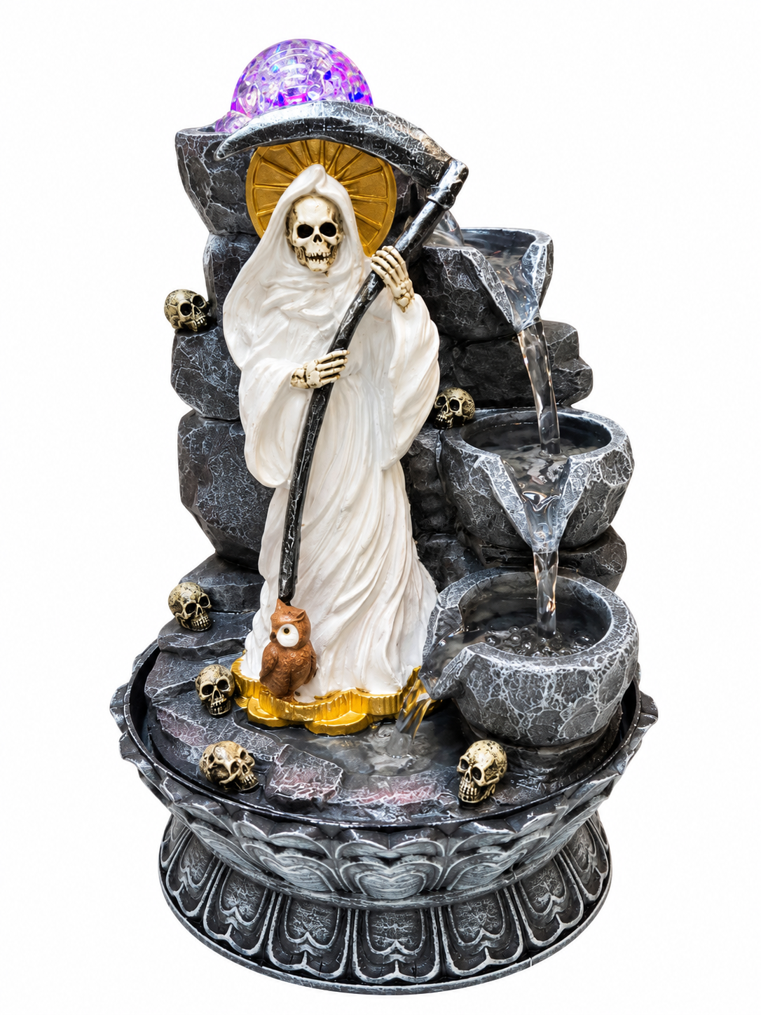 Santa Muerte Water Fountain Figurine - White Robe (Single-side)