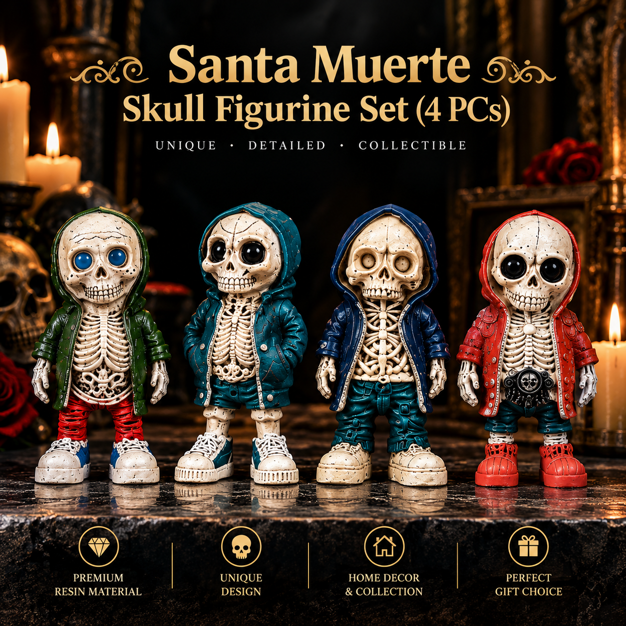 Santa Muerte Skull Figurine Set (4 PCs)