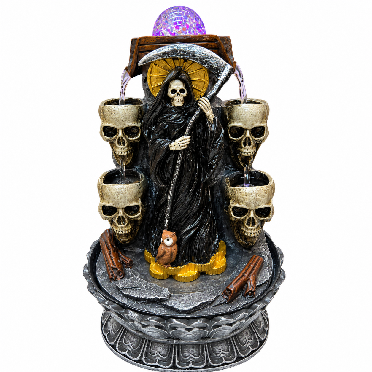 Santa Muerte Water Fountain Figurine - Black Robe (Double-side)