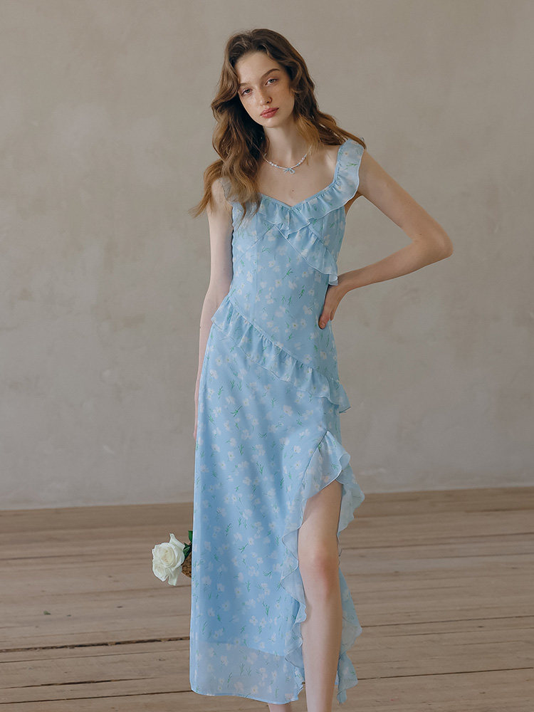 Buy Romantic Light Blue Floral Dress Chiffon Midi Dress - Megustas