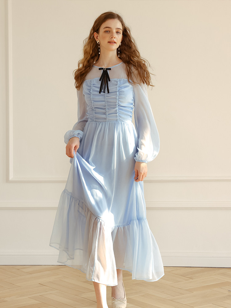 Buy Vintage Ruched High-waist Chiffon Dress - Megustas