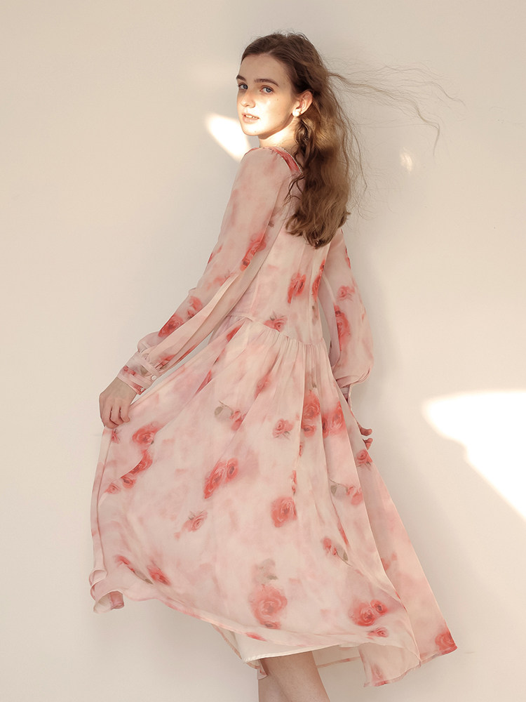 Romantic Rose Print Long Sleeve Dress