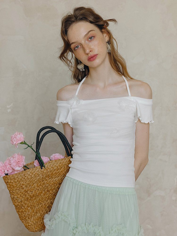 White Halter Off-Shoulder 3D Flower Short Sleeve Top