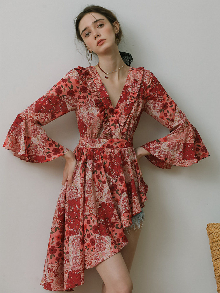 Red Print Waisted Ruffle A-Line Short Dress