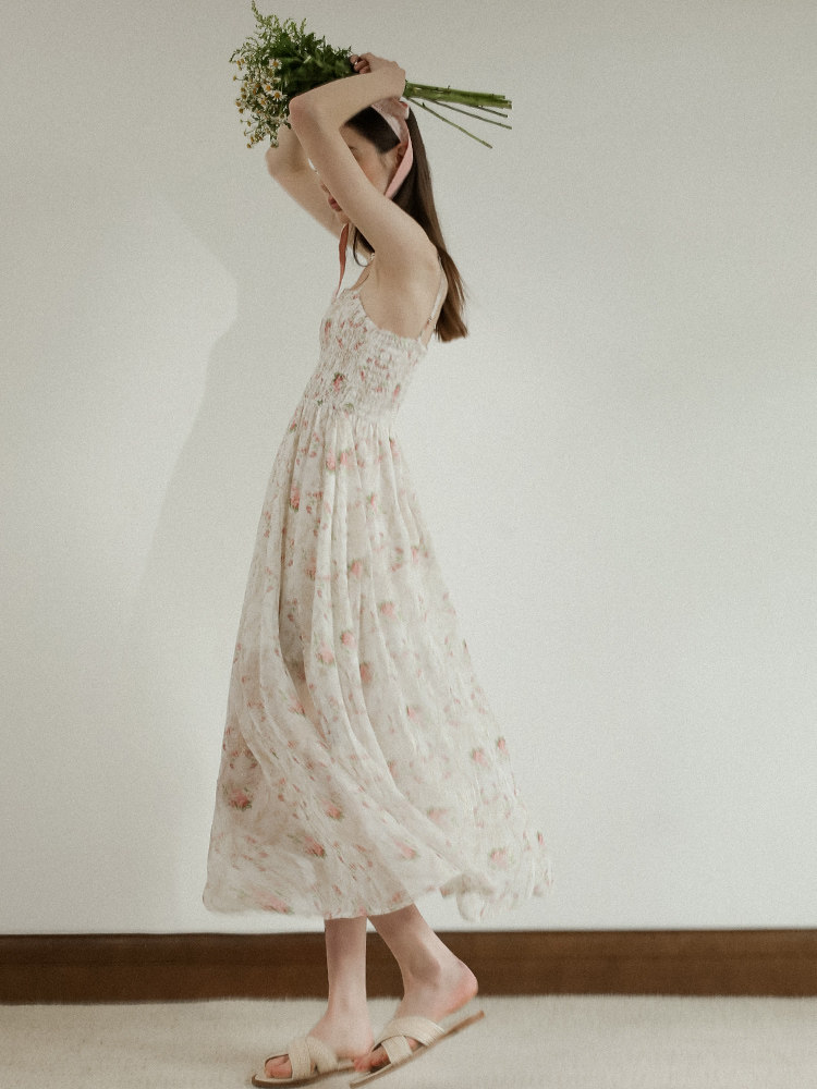 Smocked Straight Neck Floral Tiered Slip Dress
