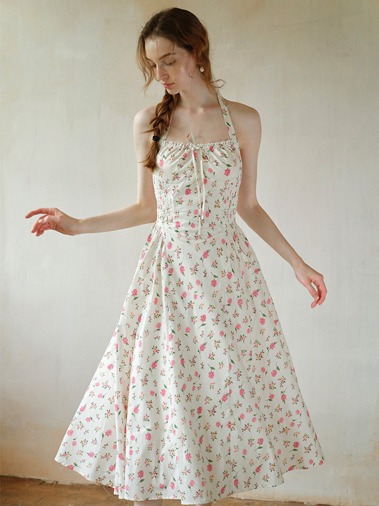Pink Floral Waisted Halter Midi Dress