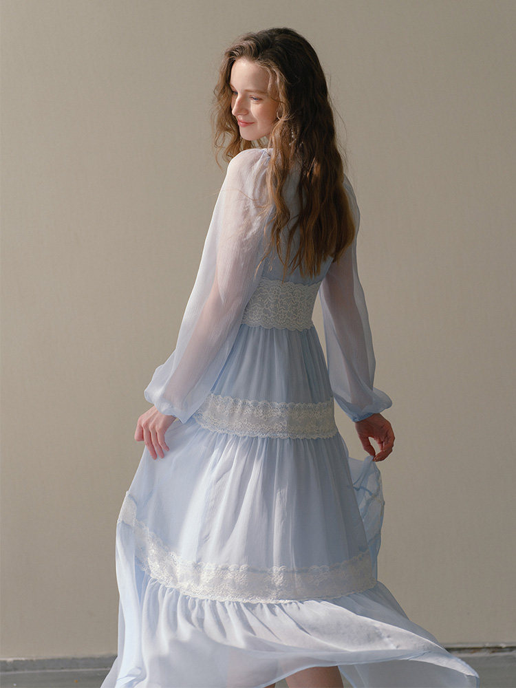Light Blue Lace Trim Tiered A-Line Maxi