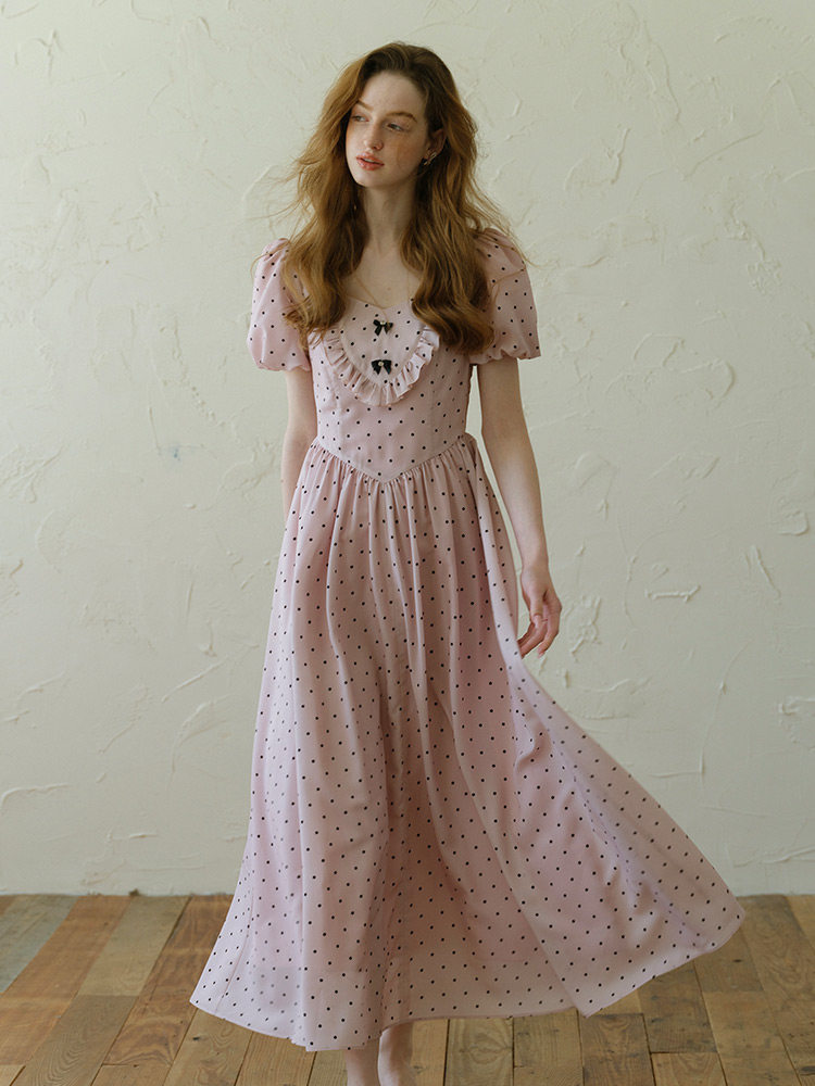 Sweetheart Neck Bow Polka Dot Puff Sleeve Dress