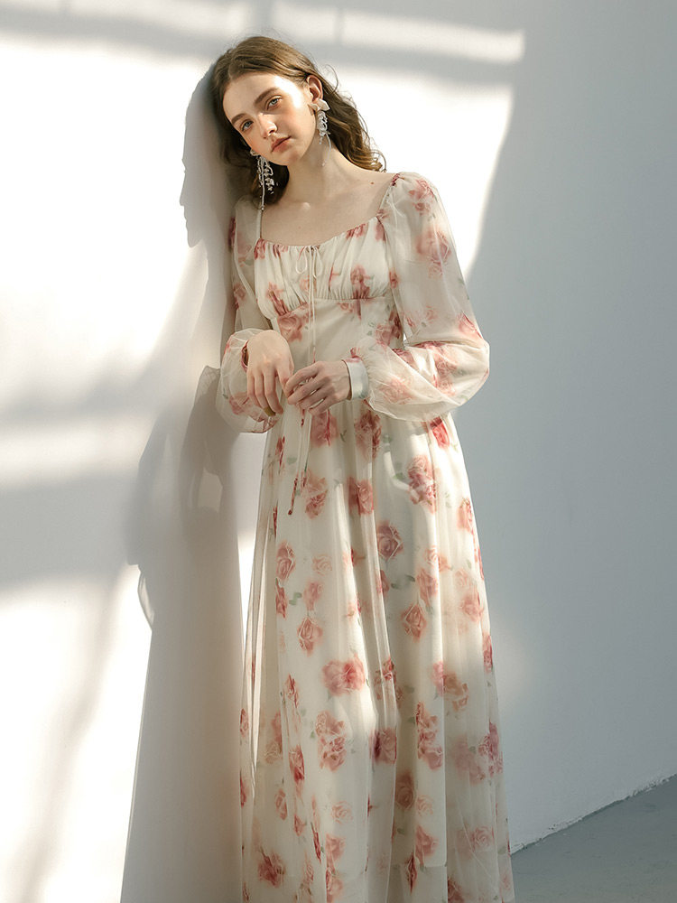 White Pink Floral Smocked High Waist Dress