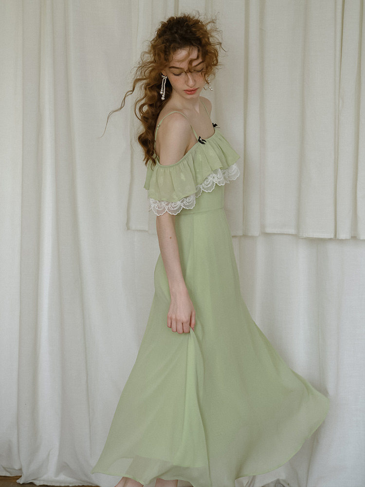 Mint Green High Waist Lace Trim A-Line Dress