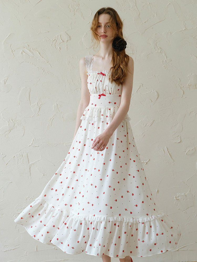 White Red Cherry Bow Wide Strap Dress