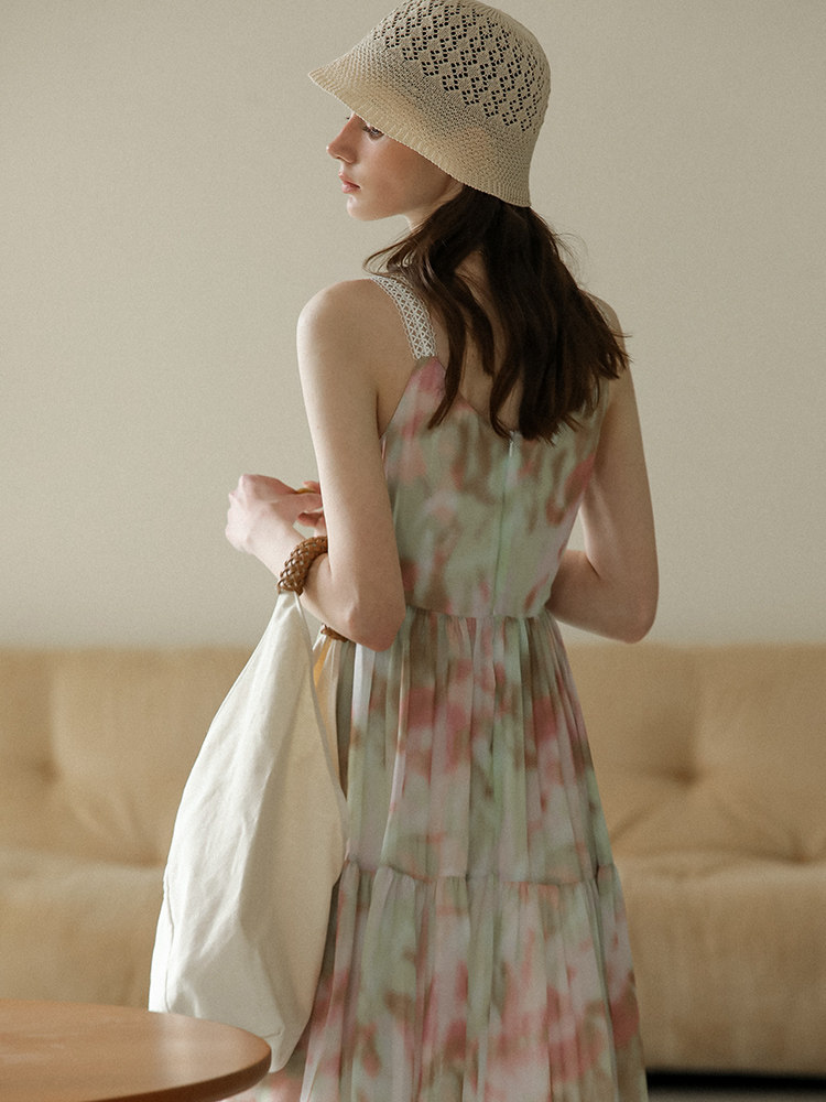 V-Neck Lace Trim Tiered Slip Watercolor Maxi Dress