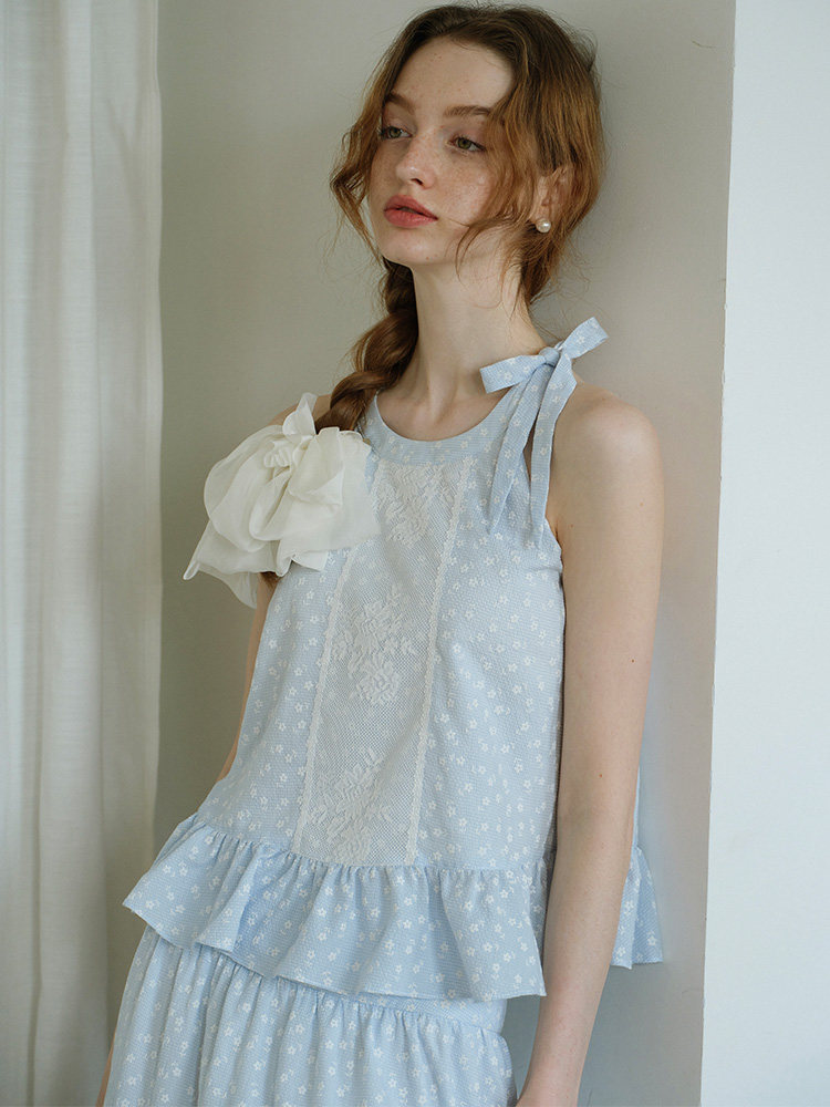 Light Blue Halter Ruffle Top Tiered Skirt Set
