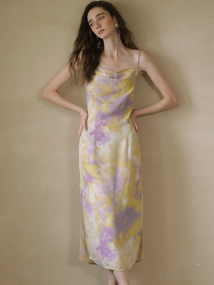 Yellow Purple Watercolor Cowl Neck Slip Dress