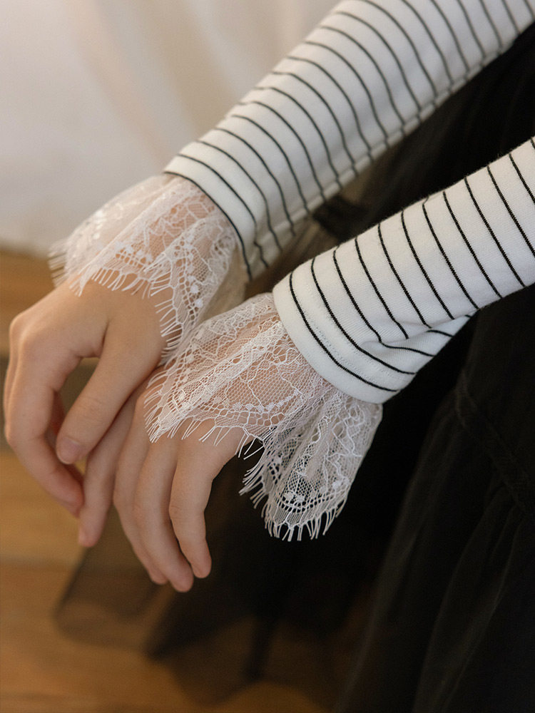Striped Long Sleeve T-Shirt Lace Cuffs Bow Accent