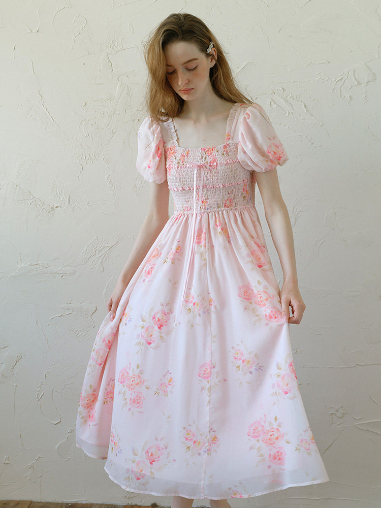 Pink Floral Puff Sleeve High Waist Midi Dress