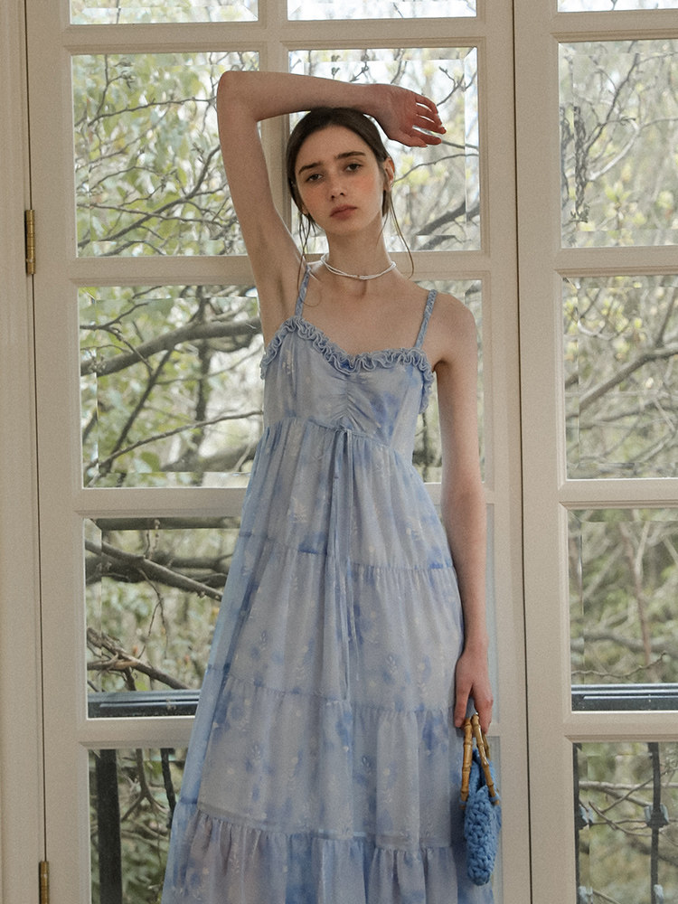 Light Blue Watercolor High Waist Tiered Slip Dress