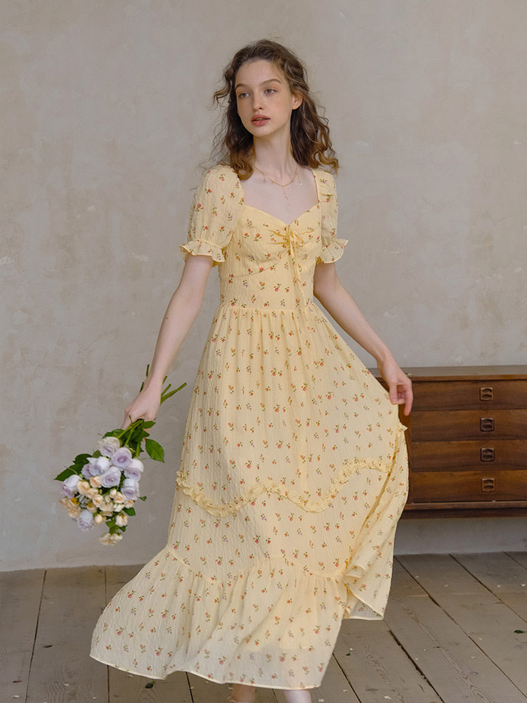 Buy Vintage Yellow Floral Slim-Fit Maxi Dress - Megustas