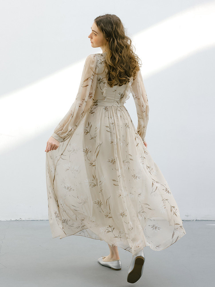 Buy Beige Floral Chiffon Dress V-Neck Ruffle Trim Long Sleeve - Megustas
