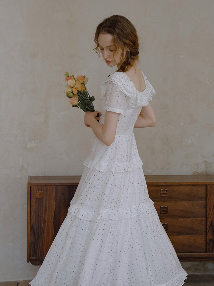 Buy White Polka Dot Tiered Midi Dress with Square Neck - Megustas
