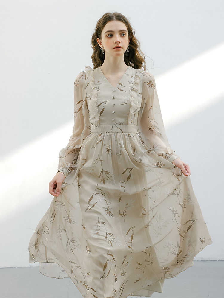 Buy Beige Floral Chiffon Dress V-Neck Ruffle Trim Long Sleeve - Megustas