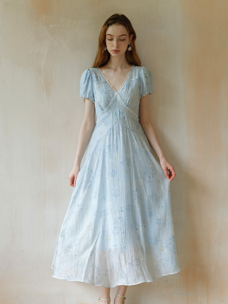 Buy Vintage Blue Puff Sleeve Tea Dress - Megustas