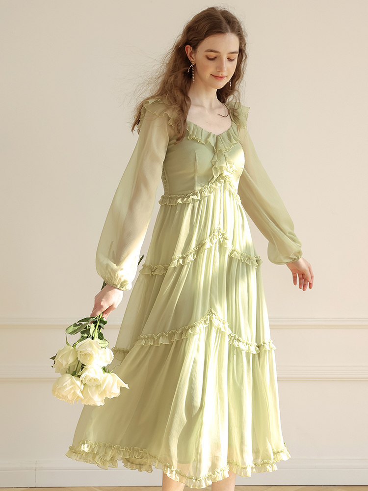 French Vintage Sage Green Dress