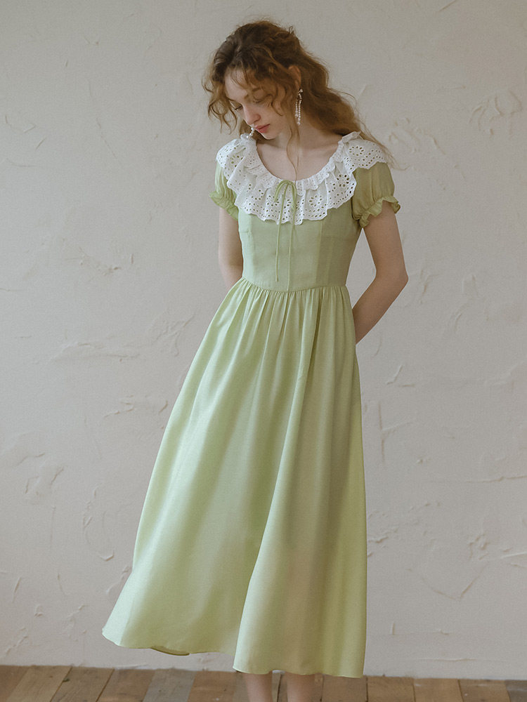Fresh Green Crochet Lace Collar Dress
