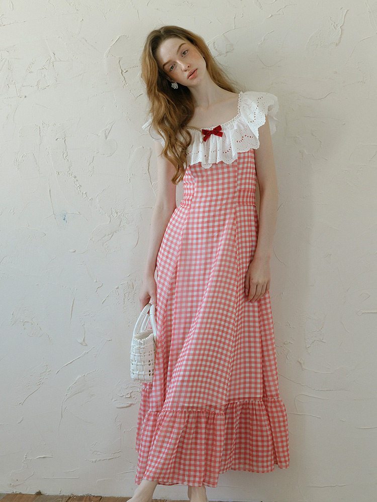Buy Red Gingham Off-Shoulder Dress Lace Ruffle Vintage - Megustas