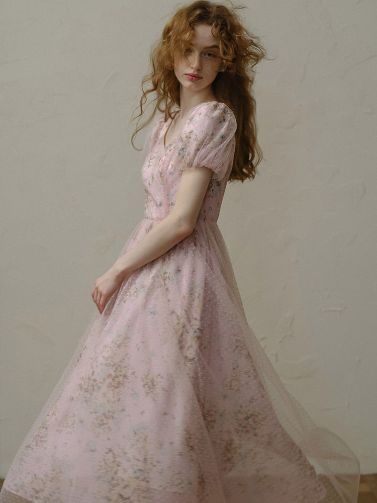 Sheer Mesh Floral Puff Sleeve Pink Dress