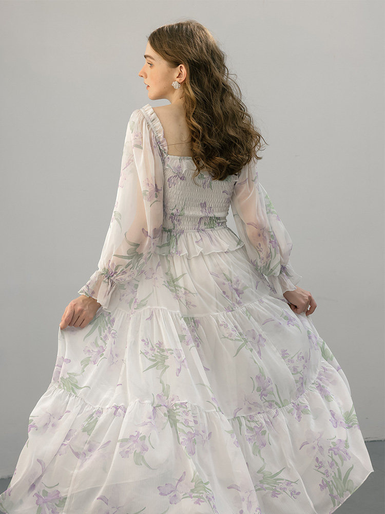 White Floral Smocked Square Neck Midi Dress