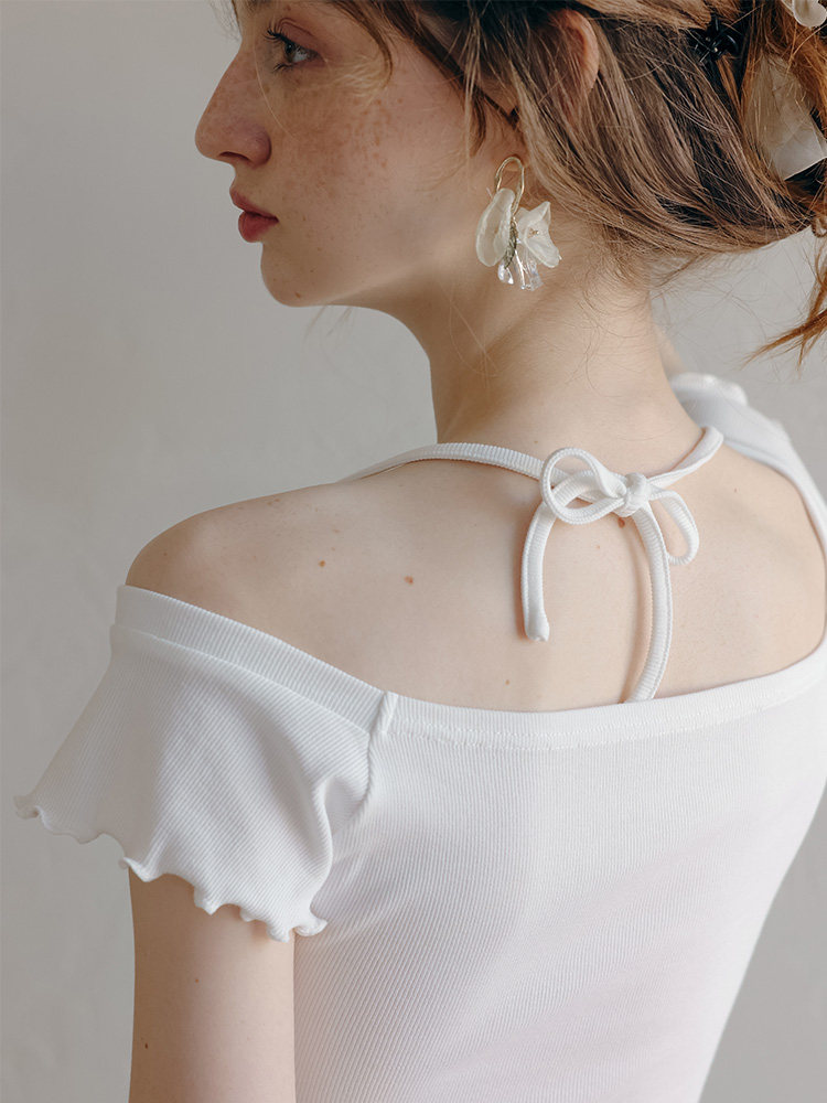 White Halter Off-Shoulder 3D Flower Short Sleeve Top