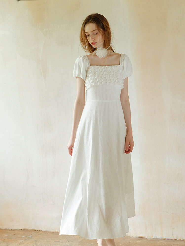 Square Neck Smocked Puff Sleeve White Dress