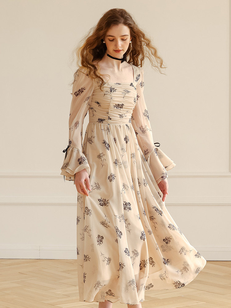 Beige Floral Sheer Sleeve High Waist Dress