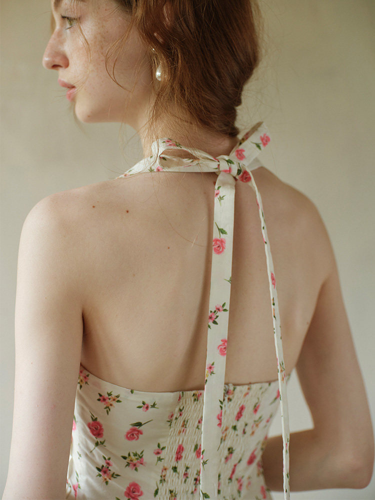 Pink Floral Waisted Halter Midi Dress