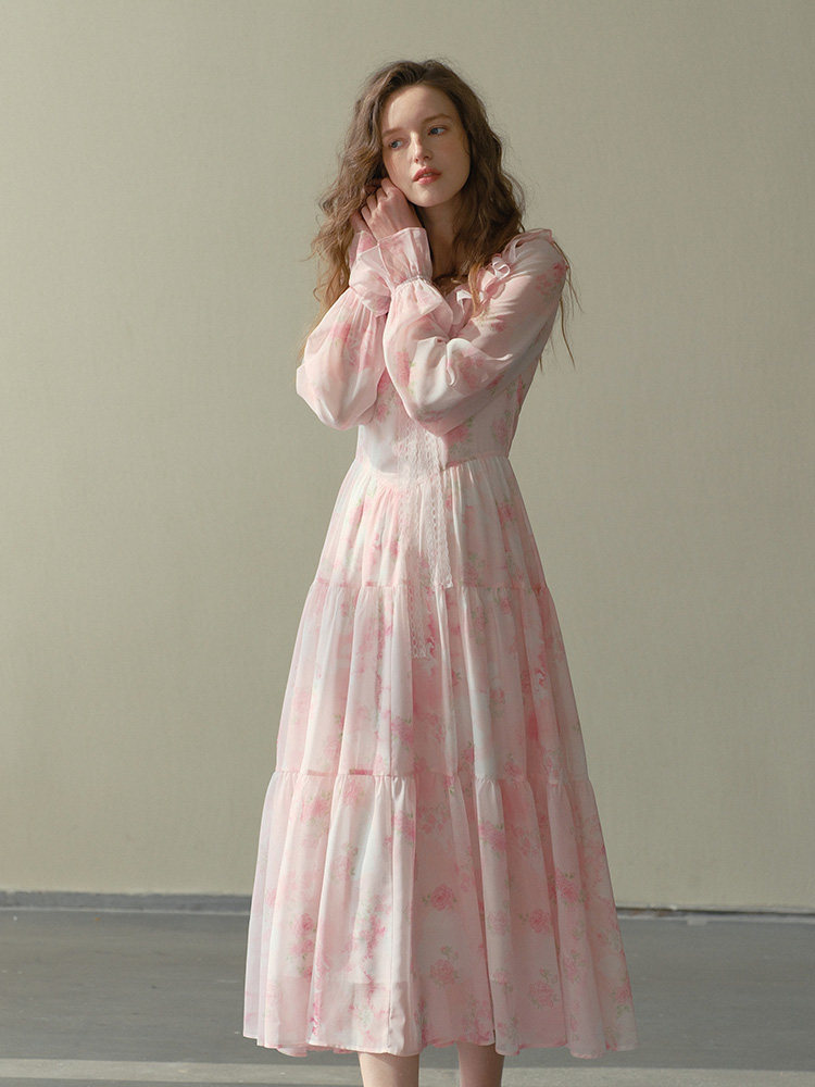 Pink Floral Sheer Sleeve Tiered Maxi