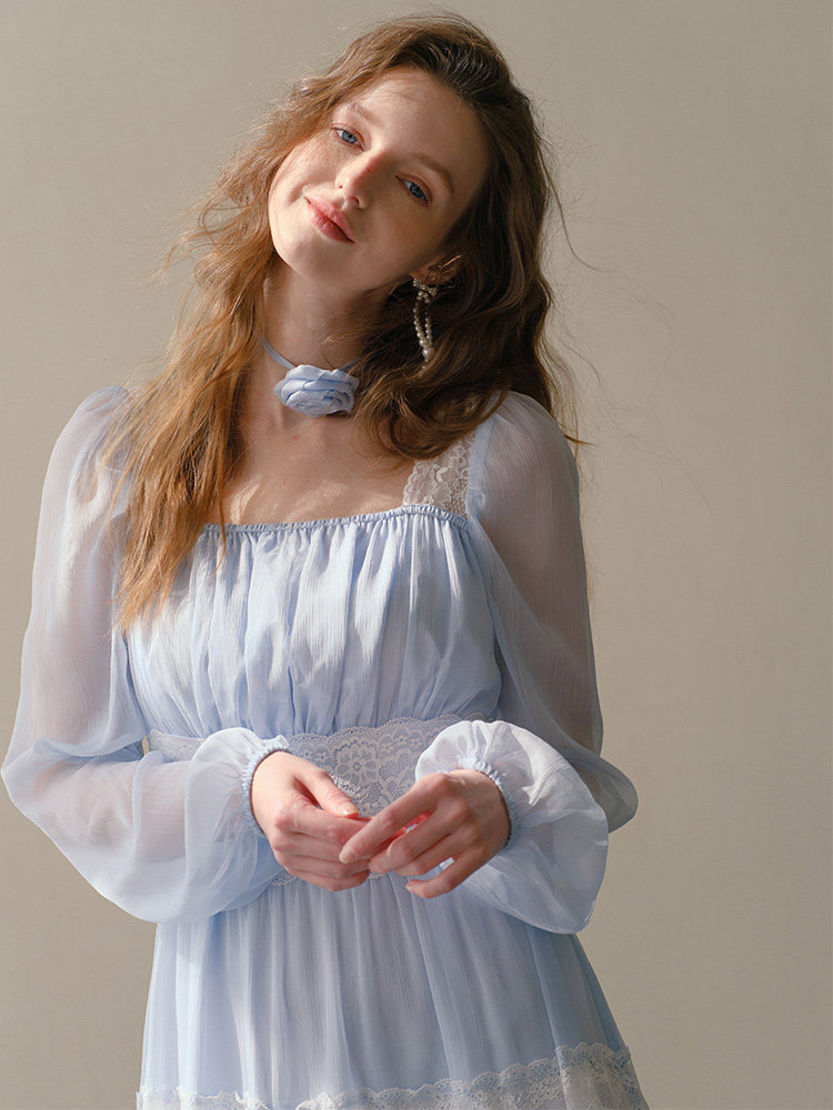 Light Blue Lace Trim Tiered A-Line Maxi