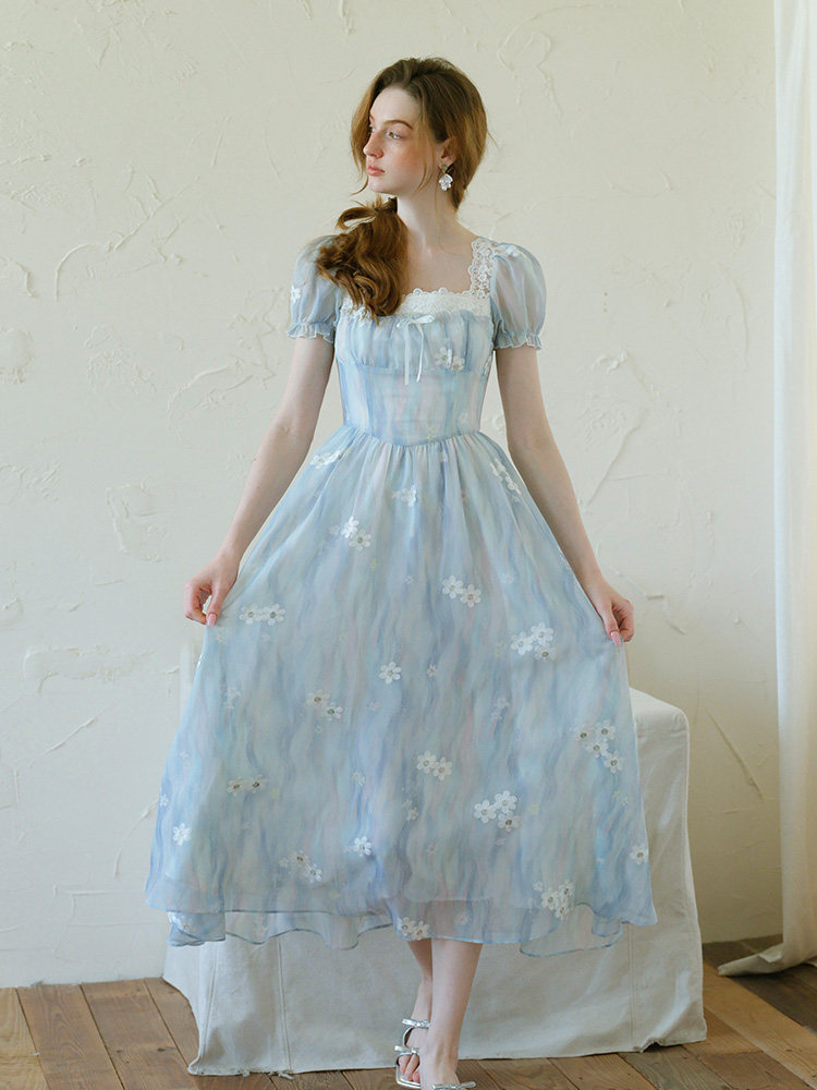 Lace Square Neck Puff Sleeve Blue Floral Dress