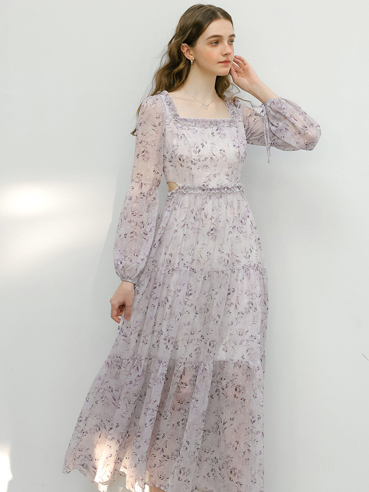 Long Sleeve Ruffle Trim Tiered Floral Dress