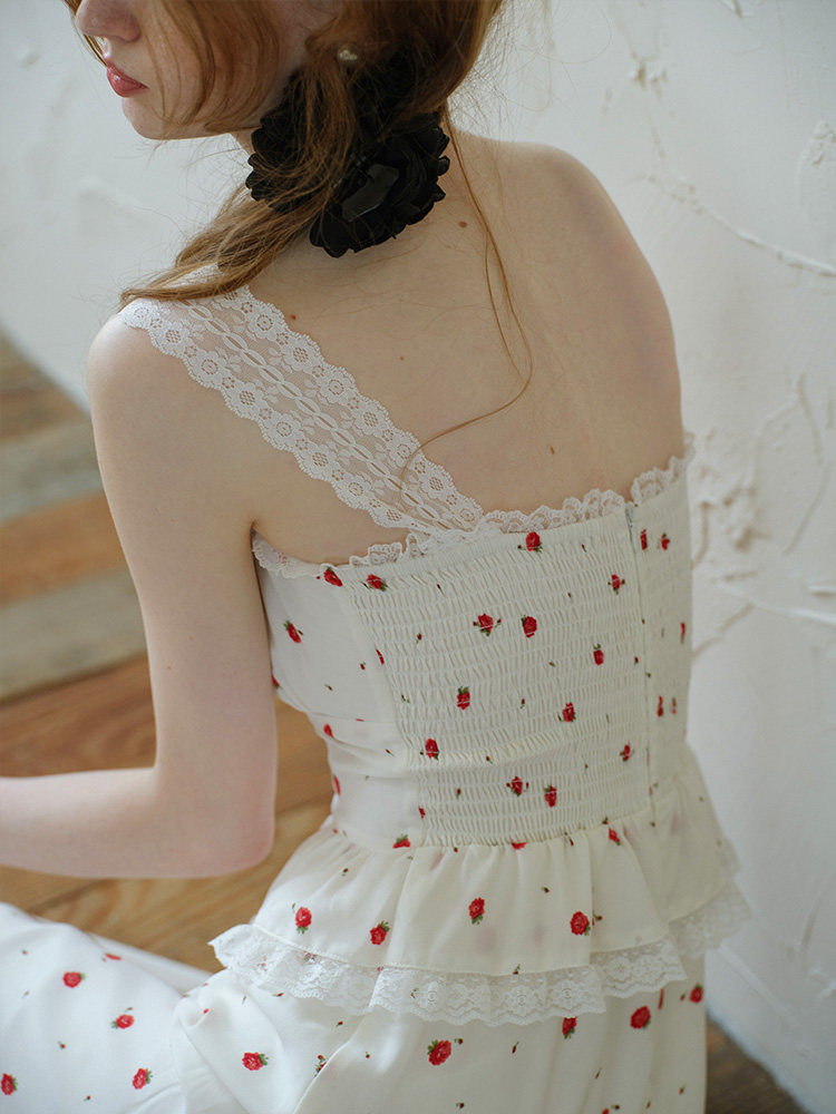 White Red Cherry Bow Wide Strap Dress
