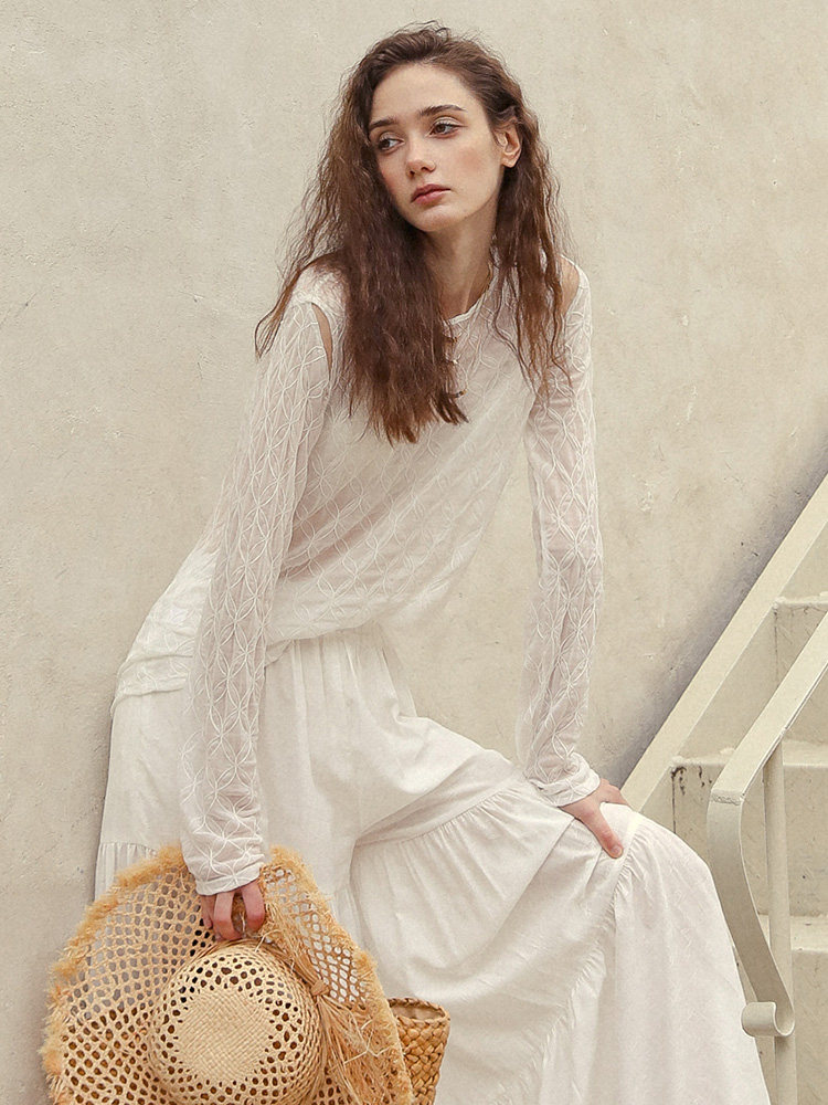 White Diamond Jacquard Sheer Long Sleeve Tee