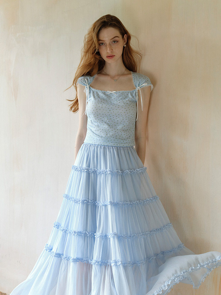 Light Blue Floral Shoulder Bow Short Sleeve Tee