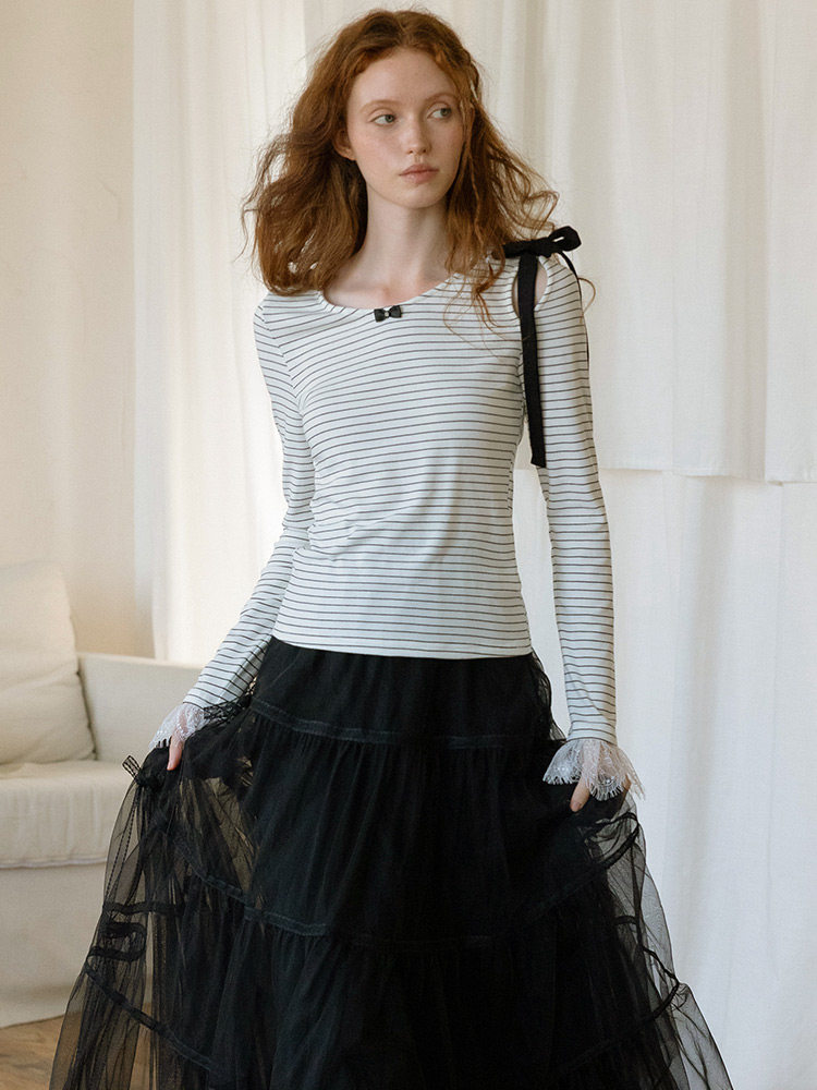 Striped Long Sleeve T-Shirt Lace Cuffs Bow Accent