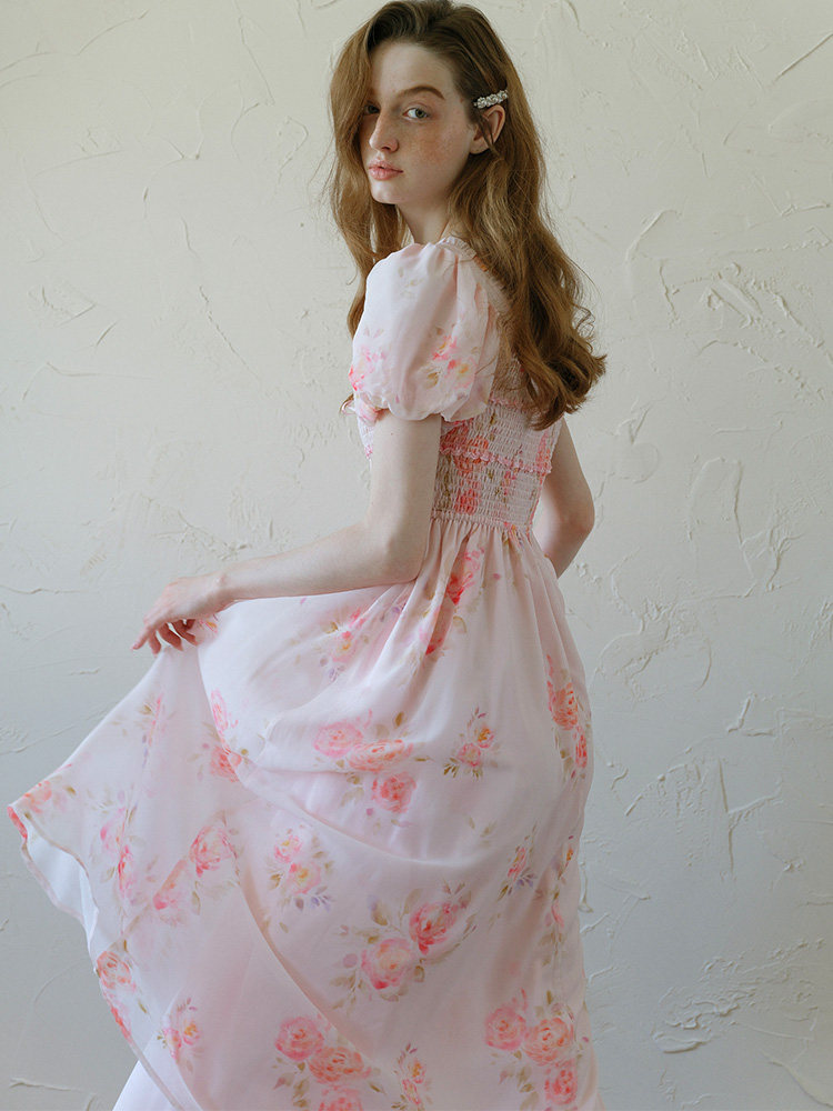 Pink Floral Puff Sleeve High Waist Midi Dress
