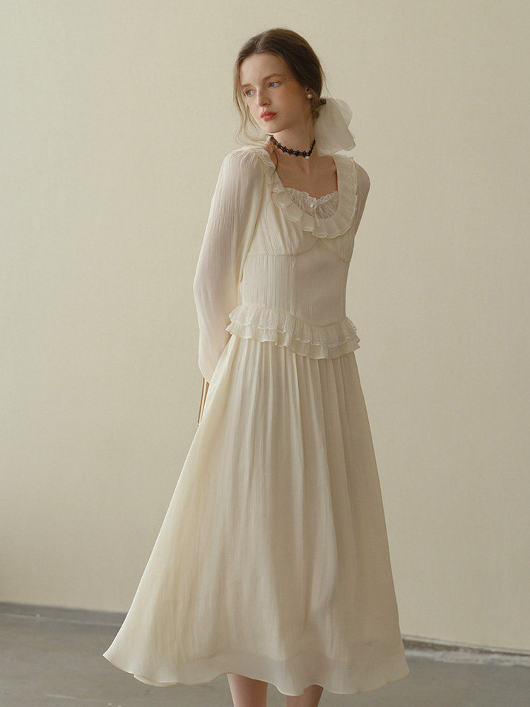 Buy Vintage Ruffled Midi Dress Lace Patchwork French Tea Dress - Megustas