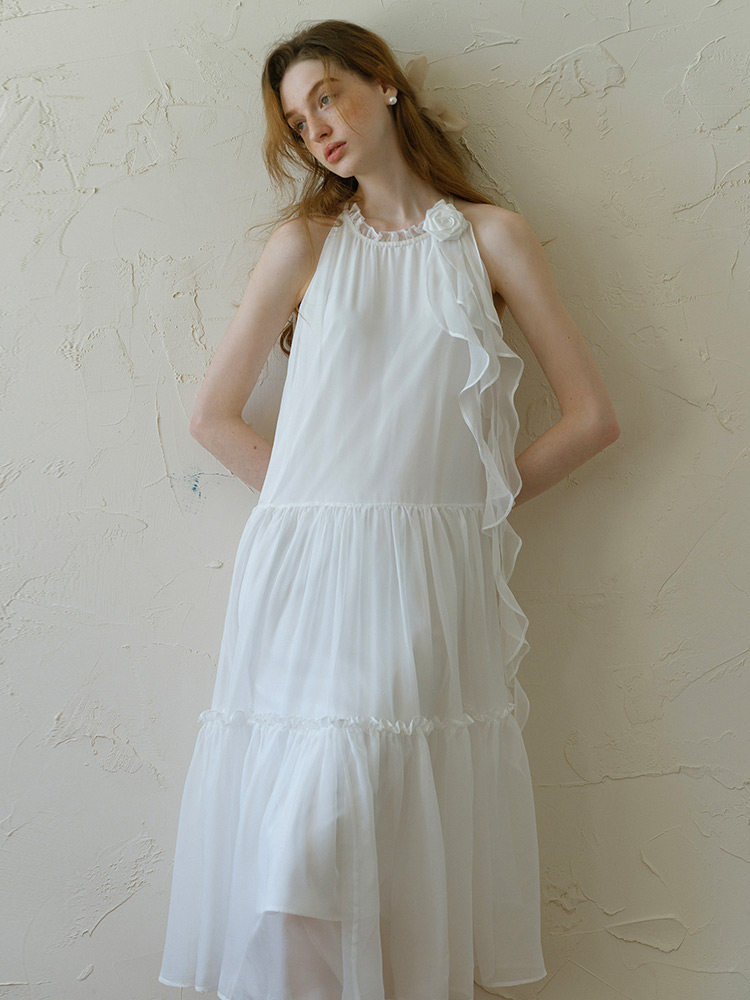 Buy White Halter Chiffon Dress Rose Ruffle Tiered Midi Dress - Megustas