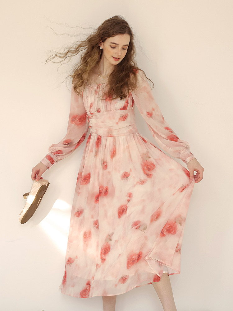Romantic Rose Print Long Sleeve Dress