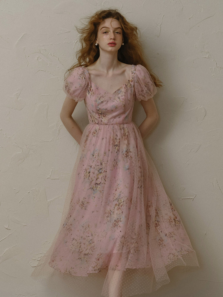 Sheer Mesh Floral Puff Sleeve Pink Dress