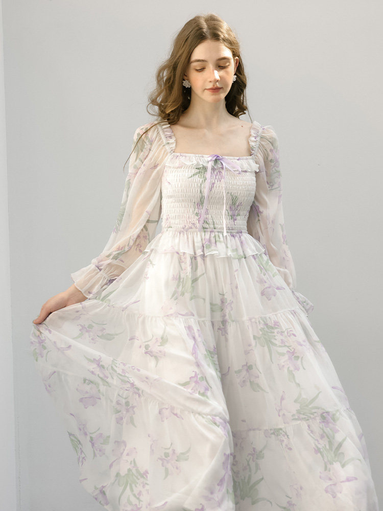 White Floral Smocked Square Neck Midi Dress