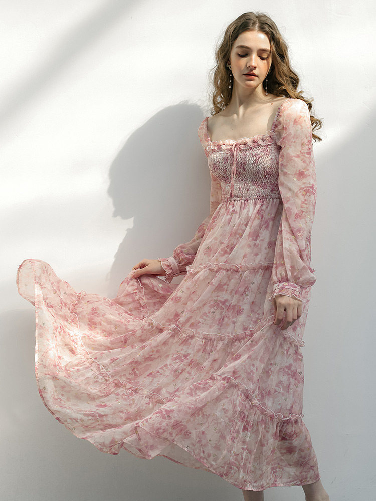 Floral Long Sleeve Tiered Chiffon Dress